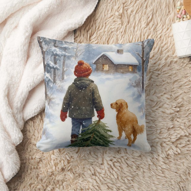 Coussin Christmas Boy In Snowflakes With Pine Tree and Dog (Couverture)