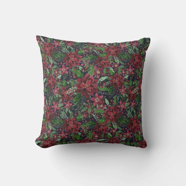 Coussin Christmas Burgundy Poinsettia Flowers Watercolor (Recto)