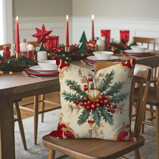 Coussin Christmas Red Gold and Green Watercolor Floral