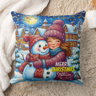 Coussin Christmas Snowman And A Girl Throw Pillow