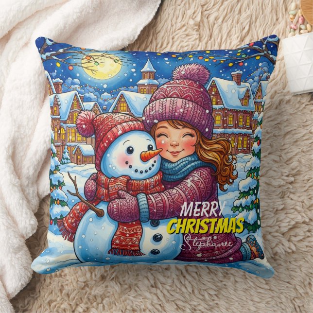 Coussin Christmas Snowman And A Girl Throw Pillow (Couverture)