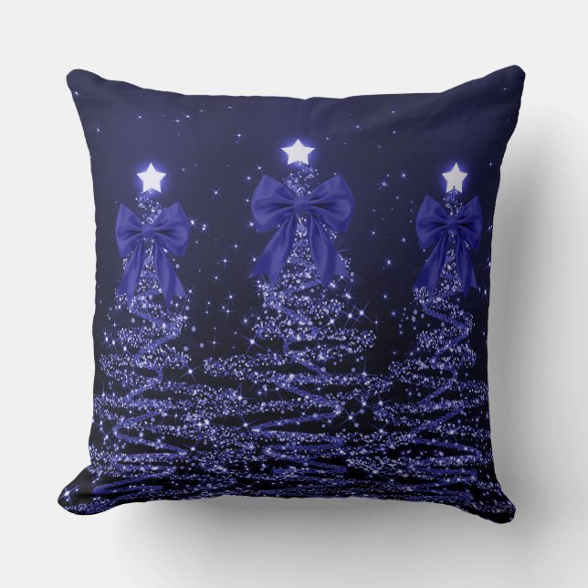 Coussin Christmas Sparkling Trees Navy Blue Faux Bow  (Recto)