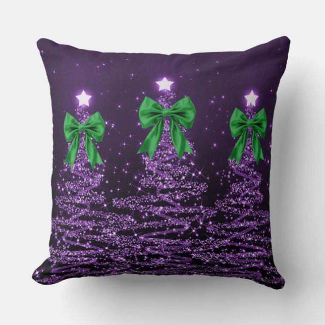 Coussin Christmas Sparkling Trees Purple Faux Green Bow  (Recto)