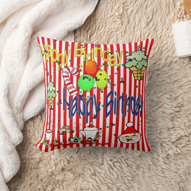 Coussin Christmas Throw Pillow, Stripe Happy Birthday (Couverture)
