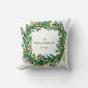 Coussin Christmas Wreath Nom de famille de vacances Holi