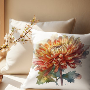 Coussin chrysanthème en aquarelle jaune et orange