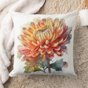 Coussin chrysanthème en aquarelle jaune et orange