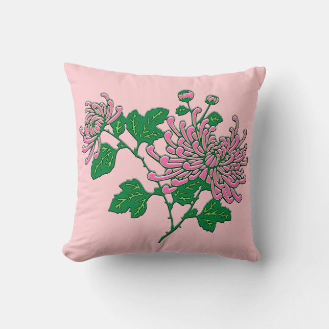 Coussin Chrysanthèmes d'araignée chinois - rose doux (Recto)