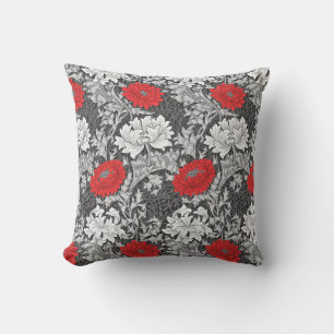 Coussin Chrysanthèmes, gris et rouge de William Morris