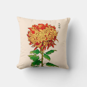 Coussin Chrysanthemum japonais vintage. Or et orange