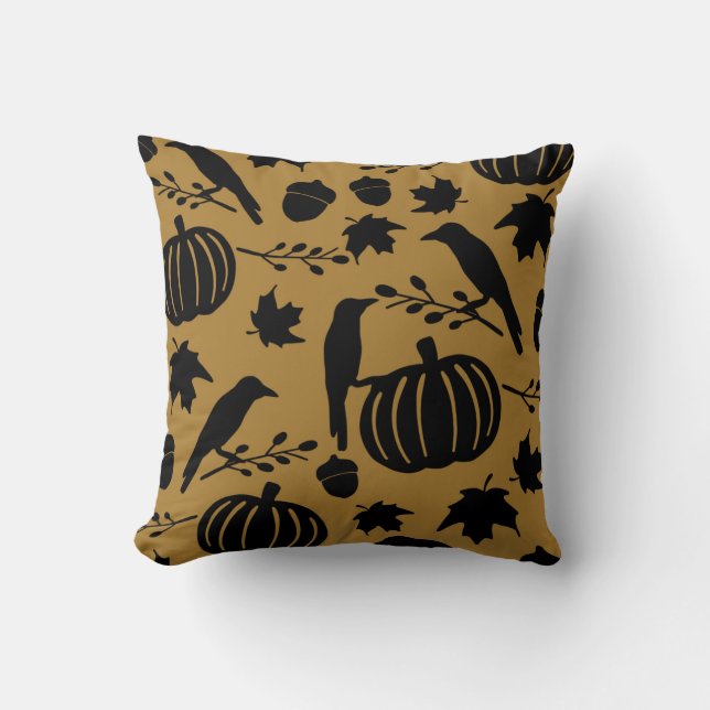 Coussin Chute Gold Orange Jaune Corneille Noire Citrouille (Recto)