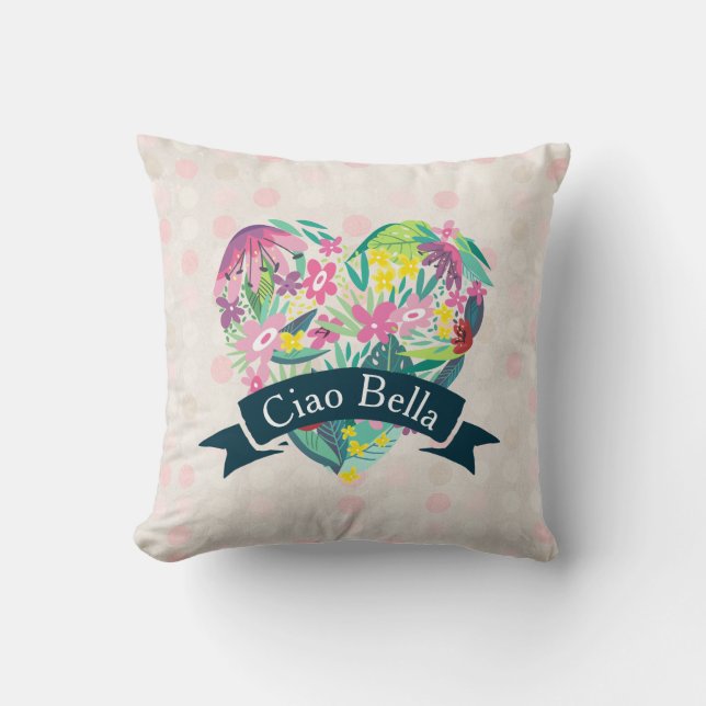 Coussin Ciao Bella Cute Coeur Floral sur Cercles roses (Recto)