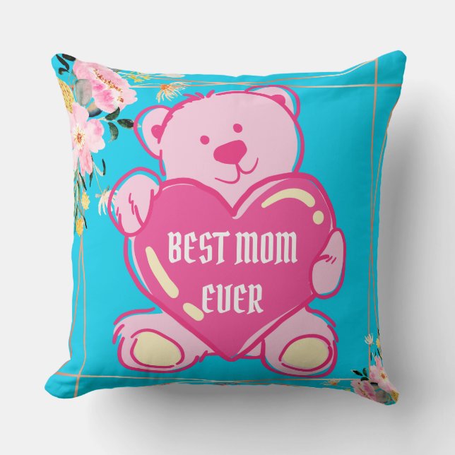 Coussin Ciel Bleu Rose Ourson Mignon Motif Floral à Coeur (Recto)