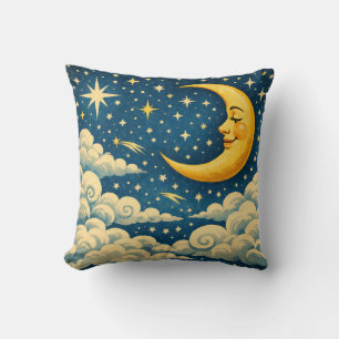Coussin Ciel nocturne à la lune croissante vintage