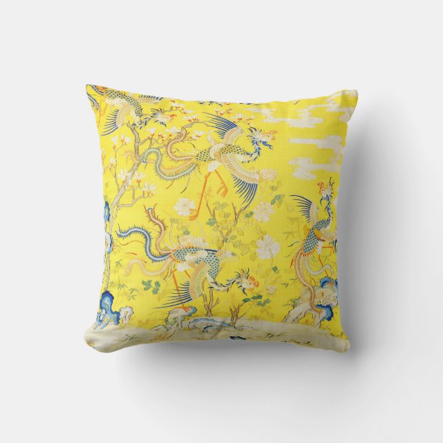 Coussin Cinq Phoenix dans Jardin chinois jaune floral (Recto)