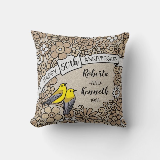 Coussin Cinquantième anniversaire personnalisé, oiseaux (Recto)