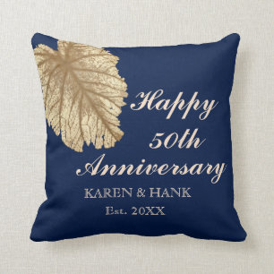 Coussin cinquantième Bleu de feuille d'or de Faux