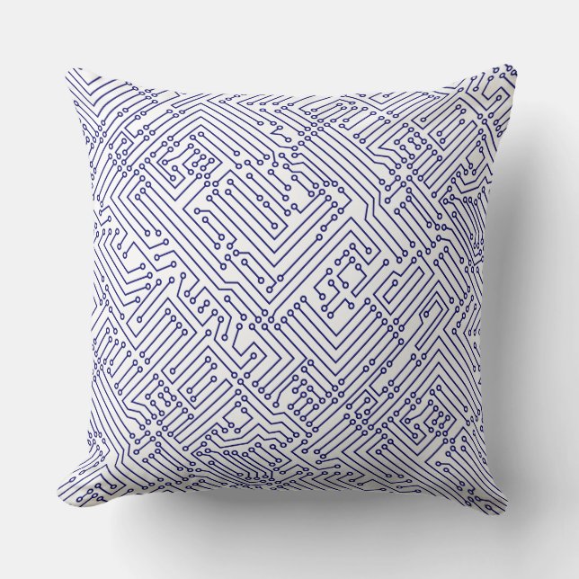 Coussin Circuitrie - Bleu marine profond sur blanc (Recto)