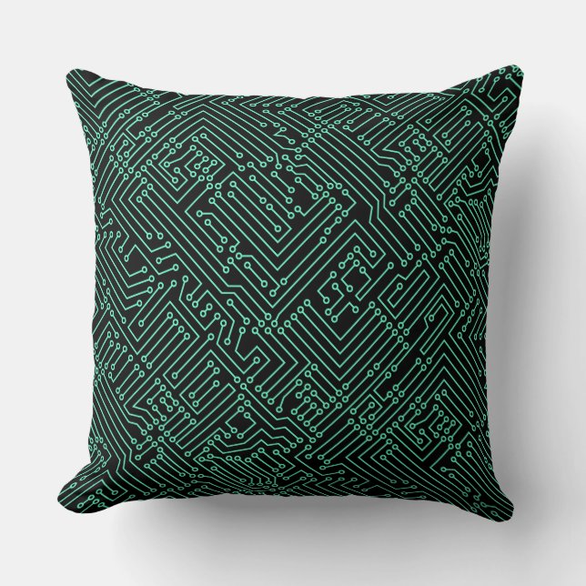 Coussin Circuitrie - Turquoise sur Noir (Recto)
