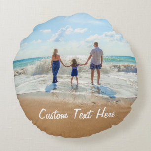 Coussin circulaire photo personnalisé avec texte
