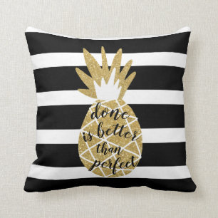Coussin citation inspirante ananas or gitter noir