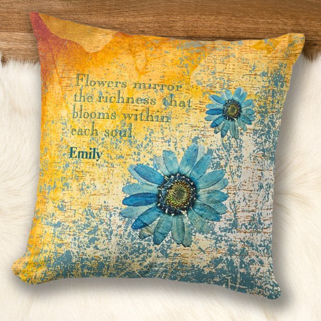 Coussin Citations de marguerites bleues séchées sur les fl (Créateur téléchargé)