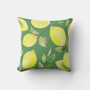 Coussin citron aquarelle, motif de papier peint de fruits.