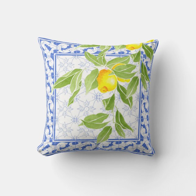 Coussin Citron d'été sur Azulejo bleu et blanc portugais (Recto)