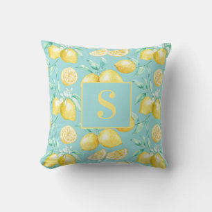 Coussin Citron jaune mignon Motif Monogramme bleu