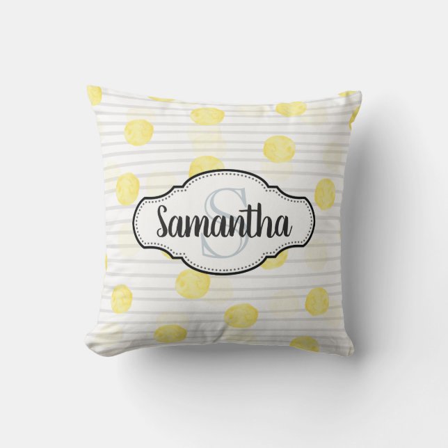 Coussin Citron jaune Polka point et rayures Monogramme (Recto)