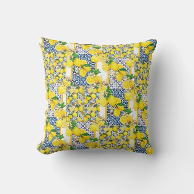 Coussin Citron portugais Azulejo Méditerranée Santorin (Recto)