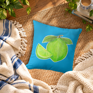 Coussin Citron vert feuillu avec motif de citrus bleu vif