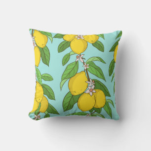 Coussin Citrons, Arrière - plan Bleu Vibrant sans couture.