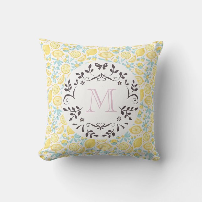 Coussin Citrons Jaunes & Fleurs Bleues Avec Lettre Monogra (Recto)