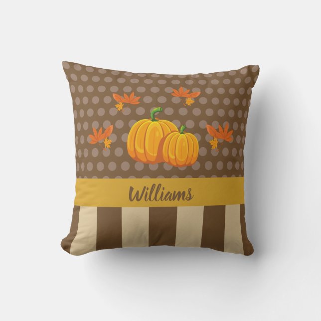 Coussin Citrouille à points de polka avec nom de famille (Recto)