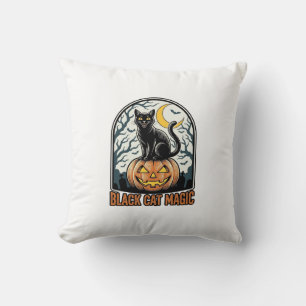 Coussin Citrouille Chat Noir Gravure Halloween Vintage_1