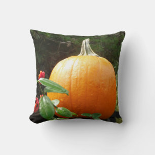 Coussin citrouille d'automne sur une clôture noire