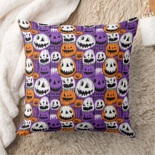 Coussin Citrouille d'Halloween - Violet, Orange, Blanc