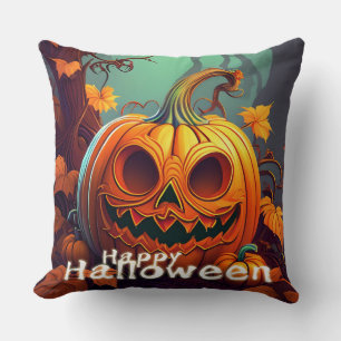 Coussin Citrouille orange effrayant avec visage, Halloween