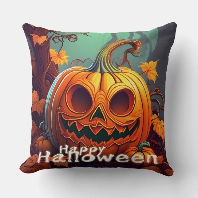 Coussin Citrouille orange effrayante avec visage, Hallowee (Recto)