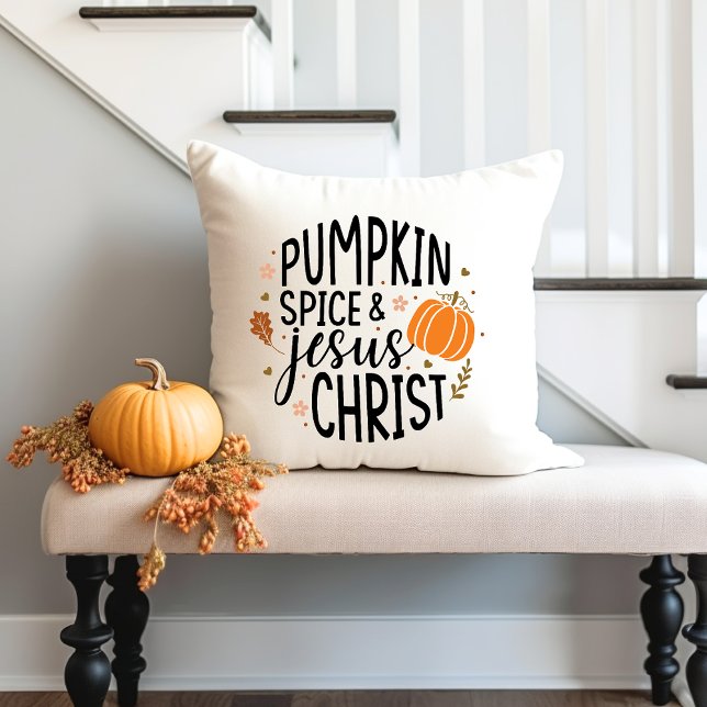 Coussin Citrouille Spice et Jésus Christ Automne chrétien (Pumpkin Spice and Jesus Christ Autumn Christian Throw Pillow)
