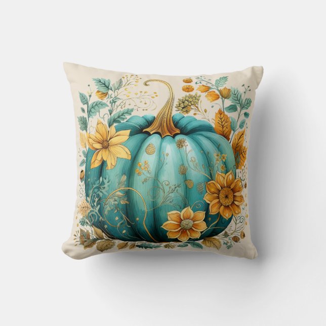 Coussin Citrouille turquoise Automne Boho Fall Ecru (Recto)
