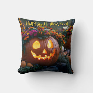 Coussin Citrouilles d'Halloween sculptés décorés de fleurs