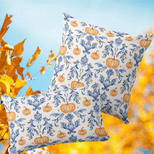 Coussin Citrouilles orange automne bleu blanc vintage