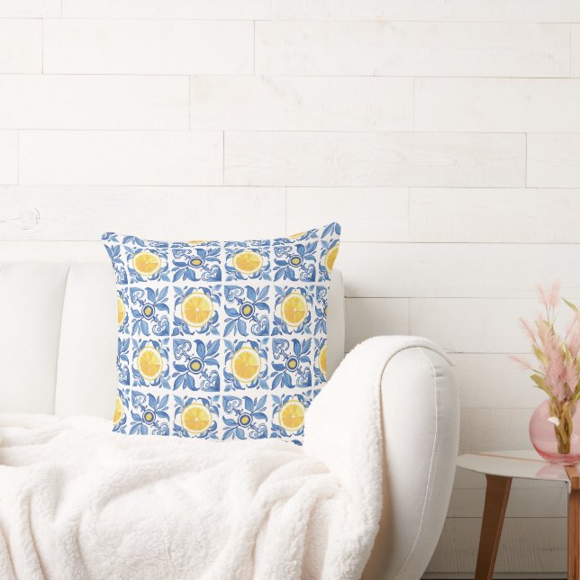 Coussin Citrus Lemons Motif méditerranéen bleu (Canapé)