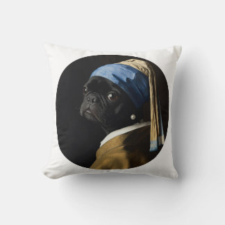 Coussin Classic Pearl Portrait–Inspired Black Pug Art 