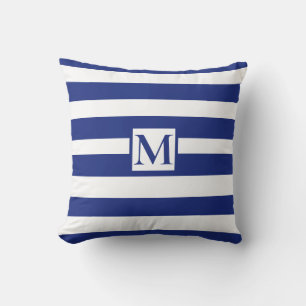 Coussin Classique bleu marine bandes blanches monogramme