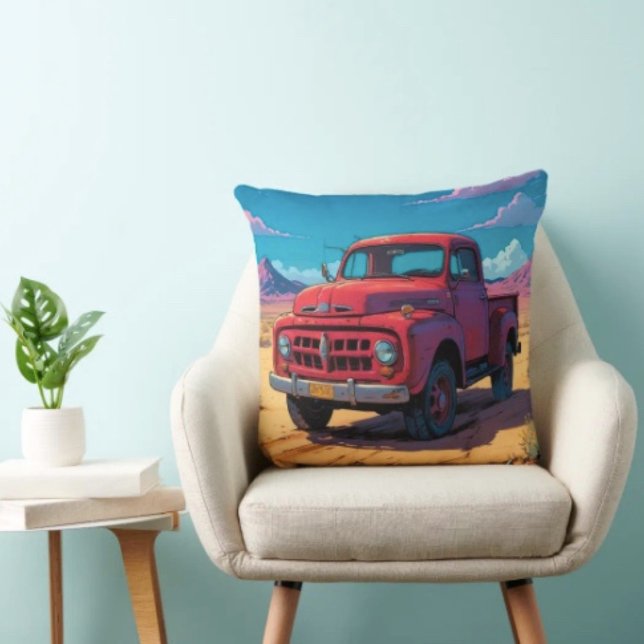 Coussin Classique camionnette américaine  (Classic American Pickup Throw Pillow 100% polyester hidden zipper enclosure.)