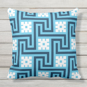 Coussin Clé grecque, bleu de ciel, marine et blanc