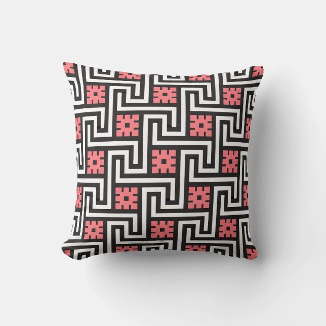 Coussin Clé grecque, noire, blanche et corail rose (Recto)